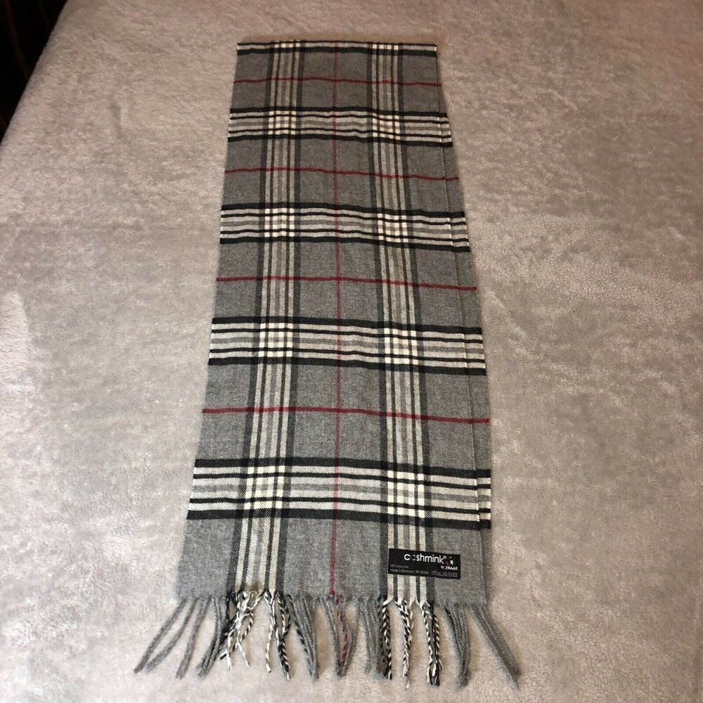 CASHMINK V. Fraas Black Gray Red White Plaid Scar Made in Germany 60" - Picture 3 of 7